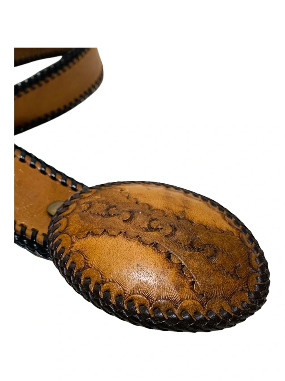 Vintage Leather Stitched Edge Belt With Leather Buckle Monogramed “James”